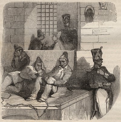 19世纪在罗什福尔监狱休息的福卡特。雕刻在 "Histoire des bagnes depuis leur création à nos jours"（1877）中，作者是皮埃尔-扎科内（1817-1895）（Colonia Penale-刑罚殖民地）。 作者 匿名匿名