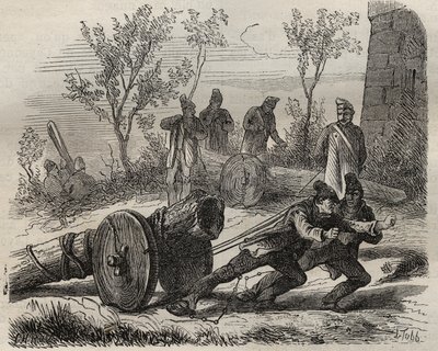 19世纪在土伦巴格纳的福克特（Forcats bucherons）。皮埃尔-扎科内（Pierre Zaccone）（1817-1895年）在 "Histoire des bagnes depuis leur création à nos jours"（1877年）中的版画（Colonia Penale-刑罚殖民地）。私人收藏。 作者 匿名匿名