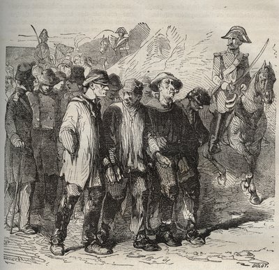 19世纪在罗什福尔的监狱里行进的小猫。雕刻在 "Histoire des bagnes depuis leur création to nos jours"（1877年）中，作者是Pierre Zaccone（1817-1895年）（Colonia Penale-刑罚殖民地）。私人收藏。 作者 匿名匿名