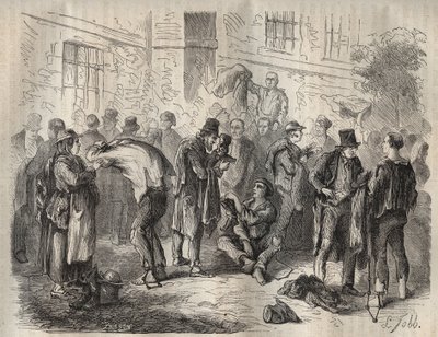 Forcats selling their belongings before entering the Toulon Bagne in the 19th century. Engraving in “Histoire des bagnes depuis leur création à nos jours”” (1877) by Pierre Zaccone (1817-1895) (Colonia Penale - Penal colony). Private collection. 作者 匿名匿名