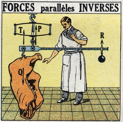 力：反向平行力。 屠夫用罗马秤称量肉尸体。 1925 年的匿名插图。私人收藏。 作者 匿名匿名