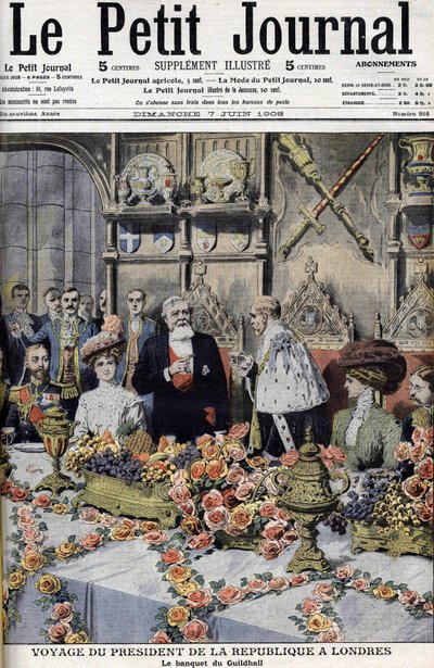 法国总统Armand Fallières（1841-1931）在伦敦市政厅举行的宴会上受到市长大人的接见。小报》，1908年6月（版画 作者 匿名匿名