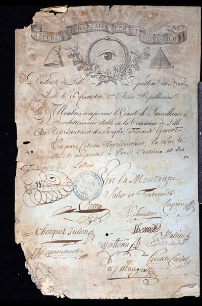 French Revolution: attestation of citizenship from Guiot de Saint-Florent (Saint Florent) dit Florent-Guiot (or Florent-Guyot) (1735-1834), a revolutionary and representative of the people, by the Revolutionary Committee of Lille dated 16 years II (02/09/1 作者 匿名匿名