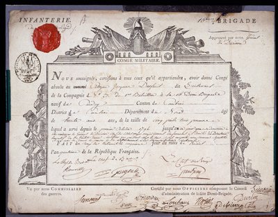 法国大革命：康布雷区大队的一名中尉的官方军事文件，日期为IV年5月（1796年5月24日）。北里尔省档案馆 作者 匿名匿名