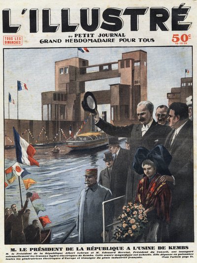 法国工业。共和国总统阿尔伯特-勒布伦（1871-1950）和议会主席爱德华-赫里奥（1872-1957）在阿尔萨斯的上莱茵省（Haut Rhin）为凯姆斯水力发电站举行落成典礼。标题雕刻的 "L