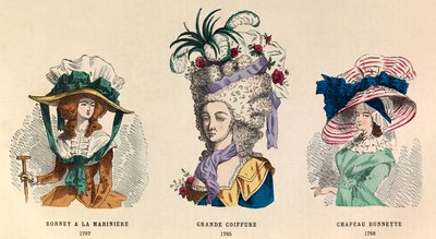 从左到右：1787年的水手帽；1785年的大发型和1786年的Bonnette帽--私人收藏 作者 匿名匿名