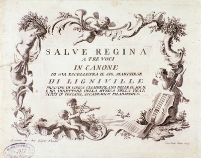 利尼维尔侯爵创作的三声部赞美诗《Salve regina》乐谱的封面图（1768年 作者 匿名匿名