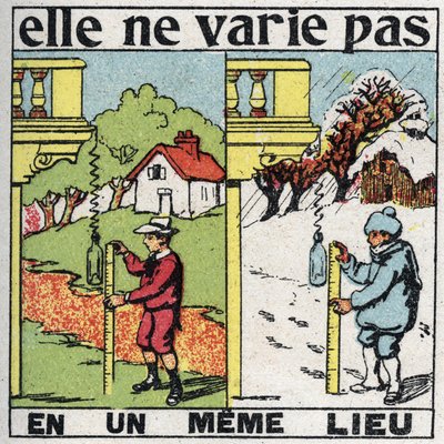 Grainness: it does not vary in one place. A child measuring gravity with a spring in the same place in summer and winter. Anonymous illustration from 1925. Private collection. 作者 匿名匿名