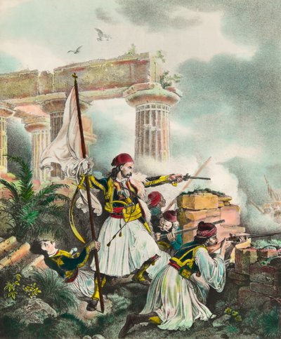 希腊反对奥斯曼帝国的独立战争：1821年3月25日起义后，尼古拉基-米特罗波洛斯的旗帜升至萨洛纳。19世纪的石版画 私人收藏 作者 Anonymous Anonymous