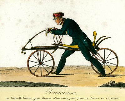 自行车的历史：Draisienne，1818年左右非常流行的一种新车。1818年的版画。私人收藏 作者 匿名匿名