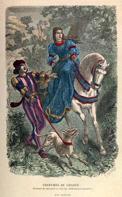 15世纪的狩猎服装，年轻的女骑手和她的侍从 - 私人收藏 作者 匿名匿名