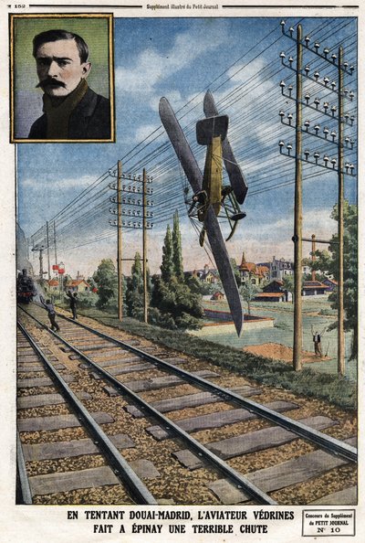 在诱人的杜埃 - 马德里，飞行员Jules Vedrines（1881-1919）让Epinay摔得很惨。雕刻在《小报》上，1912年5月12日 作者 匿名匿名