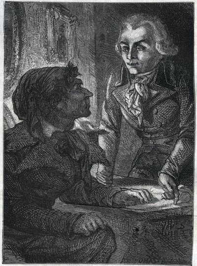 让-保罗（Jean Paul）-马拉（1743-1793）与罗伯斯庇尔（1758-1794）的马克西米利安。1866年的版画，载于阿道夫-蒂耶尔的《法国革命史》。私人收藏。 作者 匿名匿名