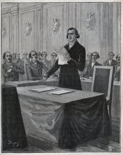 让-巴蒂斯特（Jean-Baptiste）-安德烈-杜马（1800-1884）法国化学家向科学院提交了他关于鲁尔兹和埃尔金顿发明的报告。阿道夫-比塔尔（Adolphe BITARD）在 "Les arts et metiers illustrstres "中的1885年的版画。 作者 匿名匿名