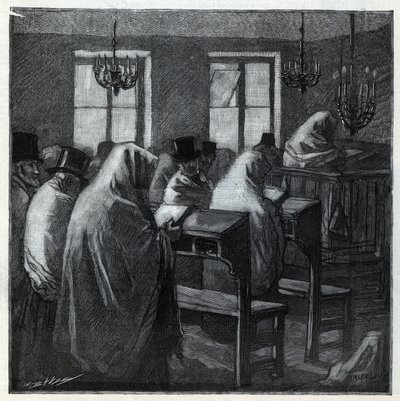 犹太节日：节日期间在礼拜堂内祈祷时的信仰。 雕刻于 1892 年的“Le monde illustree”。私人收藏。 作者 匿名匿名