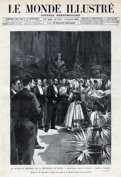 Journey of Sadi Carnot (1837-1894) to Savoy: the President of the Republic is welcomed in Chambery by young girls offering him a bouquet of flowers. A newspaper. Engraving in “Le monde illustree”” of 1892. Private collection. 作者 匿名匿名