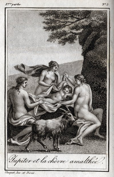 由山羊Amalthee喂养的朱庇特小孩。1819年的雕版画，载于查尔斯-阿尔伯特-德穆斯特（1760-1801）的 "Lettres a Emilie sur la mythologie"。私人收藏。 作者 匿名匿名