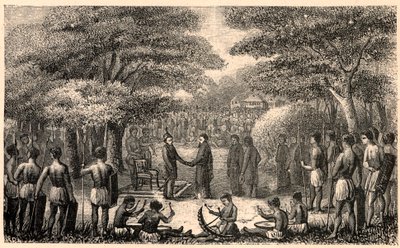 勒布希国王欢迎亨利-德佩尔钦（1822-1900），他是耶稣会传教士，也是非洲上赞比西亚传教区的第一任长官。路易-尤金(Louis Eugene)-卢韦(Louvet)在 "Les Missions Catholiques au XIXeme Siecle "中的雕刻，私人收藏。 作者 匿名匿名