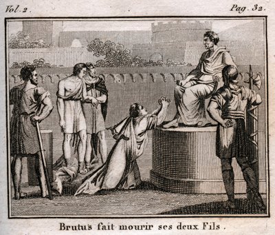 LUCIUS JUNIUS BRUTUS因谋划恢复被驱逐的罗马国王Tarquins而将自己的儿子们判处死刑，公元前509年--版画出自《青春的罗林或古罗马故事精选集》1816年--私人收藏 作者 匿名匿名