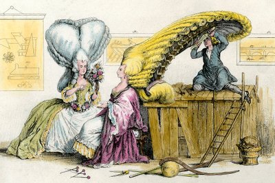 大型古怪的发型：年轻的贵族妇女用假发做造型。来自1788年的雕版印刷品 私人收藏 作者 匿名匿名