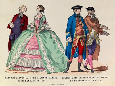左图：1760年，穿着大篮子衣服的Elegante，蒙丹教士/右图。1760年身着狩猎服和步行服的年轻人（路易十五国王的王室）--私人收藏 作者 匿名匿名