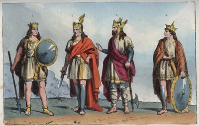 Les Merovingiens - Merovingian dynasty - Pharamond or Faramund (- Chlodio (Clodius, Clodion, Cloio or Chlogio) (Clodion le Chevelu) (ca. 390 - ca. 450) - Merovech (Merovee or Merowig, ca. 412-457) and Clovis (ca. 466-511" - engraving from "Usi e Costumi di 作者 匿名匿名