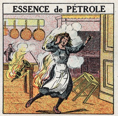 光源：一个女人在操纵一盏使用石油汽油的灯时起火。1925年的匿名插图。私人收藏。 作者 匿名匿名