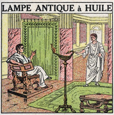 光源：Antiquite中使用的油灯。1925年的匿名插图。私人收藏。 作者 匿名匿名
