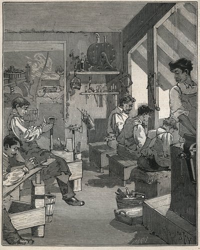 19世纪法国一家作坊的梳子制造。1885年阿道夫-比塔尔（Adolphe BITARD）在 "Les arts et metiers illustrstres "中的版画。 作者 匿名匿名