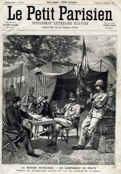 马尚任务营。让-巴蒂斯特（Jean Baptiste）-马尚（1863-1934），他的左边是巴拉蒂尔上尉，右边是维克多-伊曼纽尔-拉戈（1867-1916）中尉和杰曼上尉。1897年12月26日在 "Le Peute Parisien "上。私人收藏 作者 匿名匿名