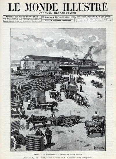 海上贸易：从埃及运来的鹌鹑在马赛港的叫声。一份报纸。1892年的 "Le monde illustrstree "中的版画。私人收藏。 作者 匿名匿名