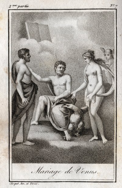 火星和维纳斯的婚姻。1819年的雕版画，载于查尔斯-阿尔伯特-德穆斯特（1760-1801）的 "Lettres a Emilie sur la mythologie"。私人收藏。 作者 匿名匿名
