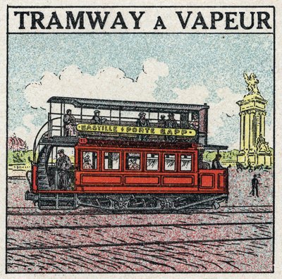 Mechanical traction: steam tram appeared in Paris at the end of the 19th century on the Bastille line - door Bapp. Anonymous illustration from 1925. Private collection. 作者 匿名匿名