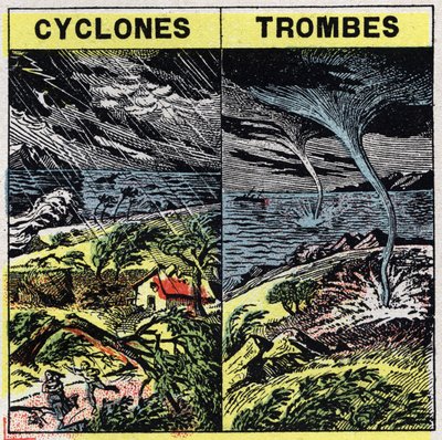 Meteorology: cyclones and trunks (tornadoes). Anonymous illustration of 1925. Private collection. 作者 匿名匿名