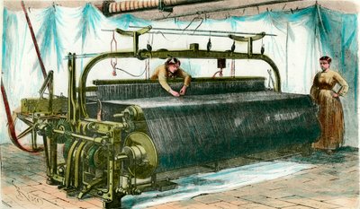 一家大工厂的机械织造设备。1860年左右的雕版画。 作者 匿名匿名