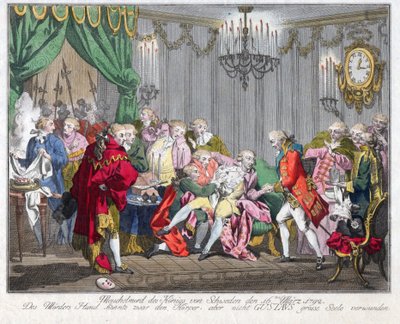 Mort de Gustave III de Suede (1746-1792) - 1792 年 3 月 16 日刺杀古斯塔夫三世国王 - 匿名 - 1792 - 蚀刻，水彩 - 33,5x46,3 - 私人收藏 作者 匿名匿名