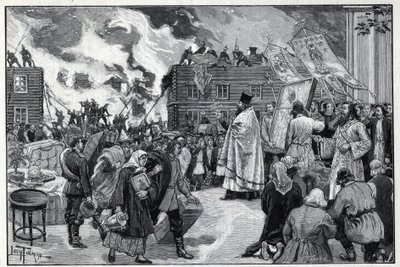莫斯科，卡卢加郊区的火灾：东正教神职人员展示圣像（Holy Images），试图保护城市，消防员在灭火。1892年 "Le monde illustree "中的雕版画。私人收藏。 作者 匿名匿名