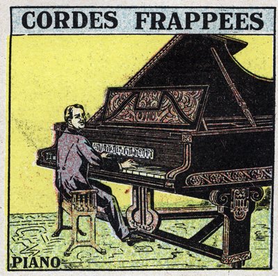 Musical instruments: batted string instruments. A piano player. Anonymous illustration from 1925. Private collection. 作者 匿名匿名