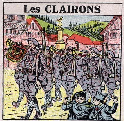 Musical instruments: wind instruments with a jar mouth. Bugle players during a military run. Anonymous illustration from 1925. Private collection. 作者 匿名匿名
