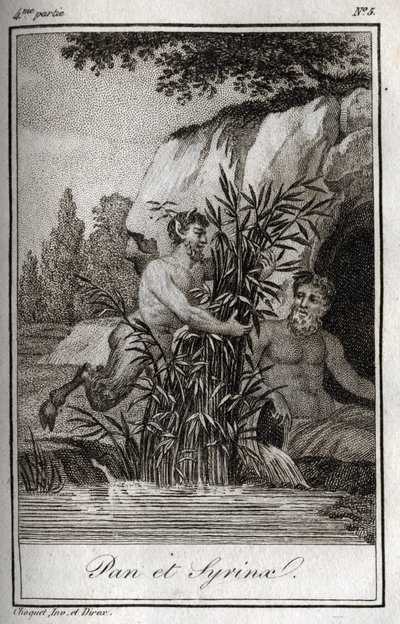 潘和仙女Syrinx变成了芦苇（潘和仙女Syrinx）。1819年的雕版画，载于查尔斯-阿尔伯特-德穆斯特（1760-1801）的 "Lettres a Emilie sur la mythologie"。私人收藏。 作者 匿名匿名
