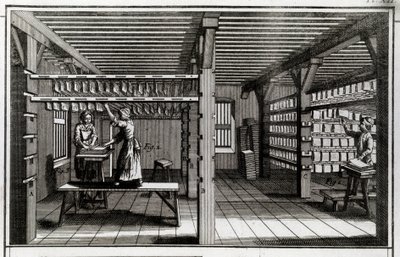 Paper factory: the drying stage. 18th century engraving. Private collection 作者 匿名匿名