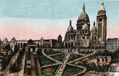 巴黎：蒙马特山上的缆车和圣心大教堂（Sacre-Coeur）。巴黎市 "艺术专辑 "中的1920年的照片。私人收藏。 作者 匿名匿名