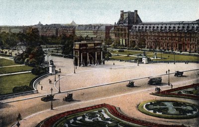 巴黎：杜伊勒里宫（花园和宫殿）和卡鲁塞尔凯旋门的全景图。1920年拍摄于巴黎市的 "艺术专辑 "中。私人收藏。 作者 匿名匿名