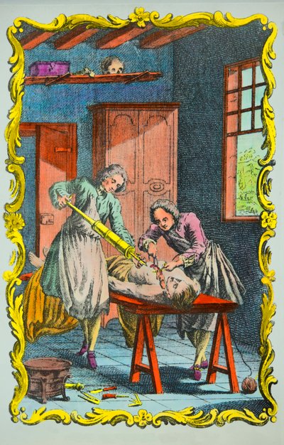 Physician studying blood movement: frontispiece of the “memoire sur le mouvement du sang et sur les effets de la seaignee” by Albrecht von Haller (1708-1777) 1756, Collection Privee 作者 匿名匿名