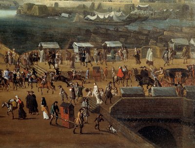 17 世纪巴黎新桥上的搬运工椅子和人群。 无名画。 巴黎，卡纳瓦莱博物馆 作者 匿名匿名