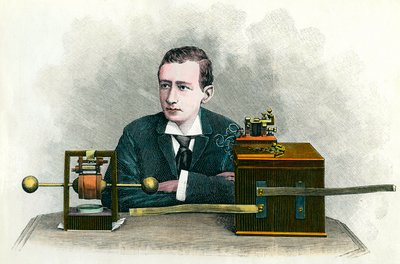 古列尔莫-马可尼（1874-1937）的肖像，意大利物理学家，电报的发明者。1900年左右的雕版画 私人收藏 作者 匿名匿名