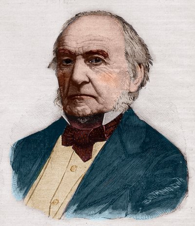 英国首相和政治家威廉-埃瓦特-格拉德斯通（1809-1898）的画像。1891年发表在《小巴黎人》上的雕刻作品。私人收藏。 作者 匿名匿名