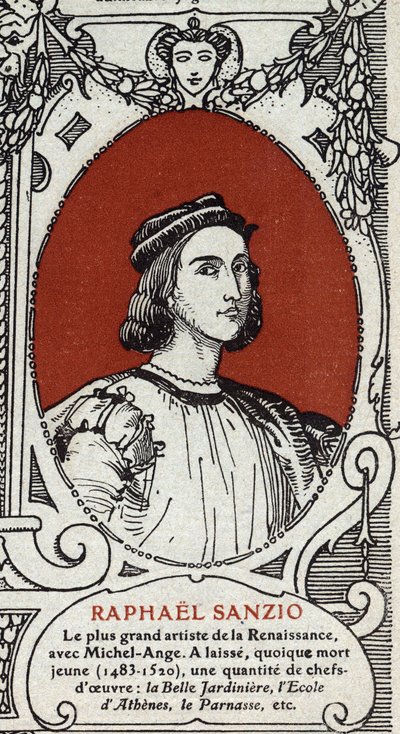 意大利文艺复兴时期画家拉斐尔（Raffaello Sanzio 1483-1520）的画像。1914年的雕版画。私人收藏。 作者 匿名匿名