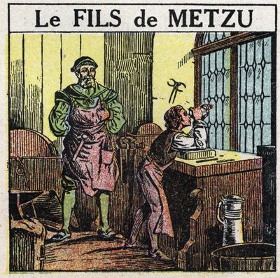 棱镜和透镜。梅祖的儿子。荷兰人雅各布-梅祖（Jacques Metius）在1609年偶然发现了望远镜，当时他看着儿子在玩凹凸眼镜。1925年的匿名插图。私人收藏。 作者 匿名匿名