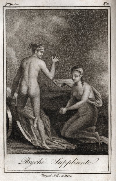 普西琪在乞讨。1819年的雕版画，载于查尔斯-阿尔伯特-德穆斯特（1760-1801）的《Lettres a Emilie sur la mythologie》。私人收藏。 作者 匿名匿名